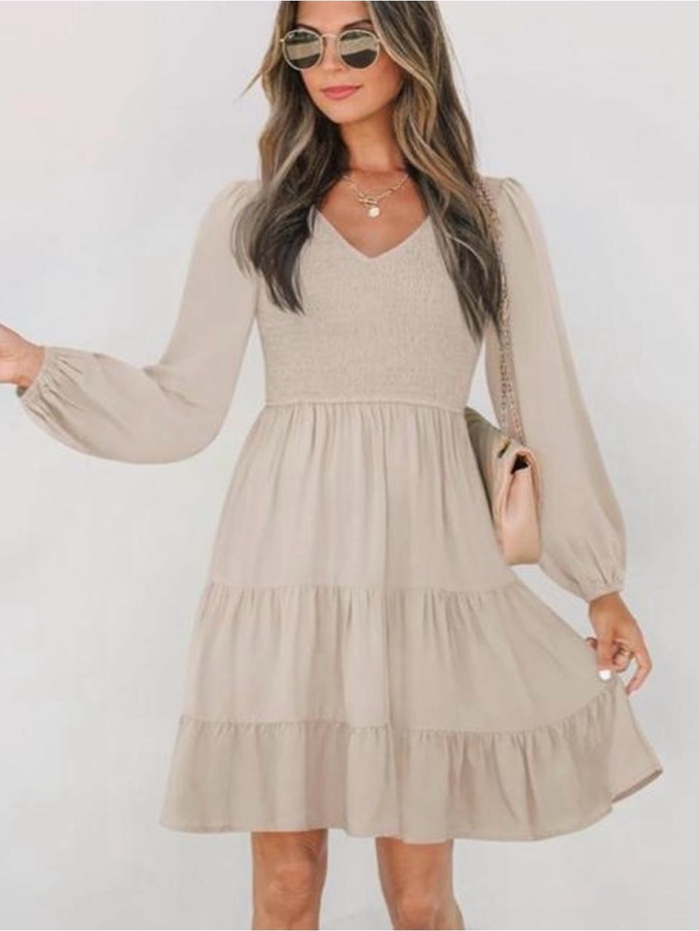 Neutral Beige Long-Sleeve Tiered V-Neck Dress